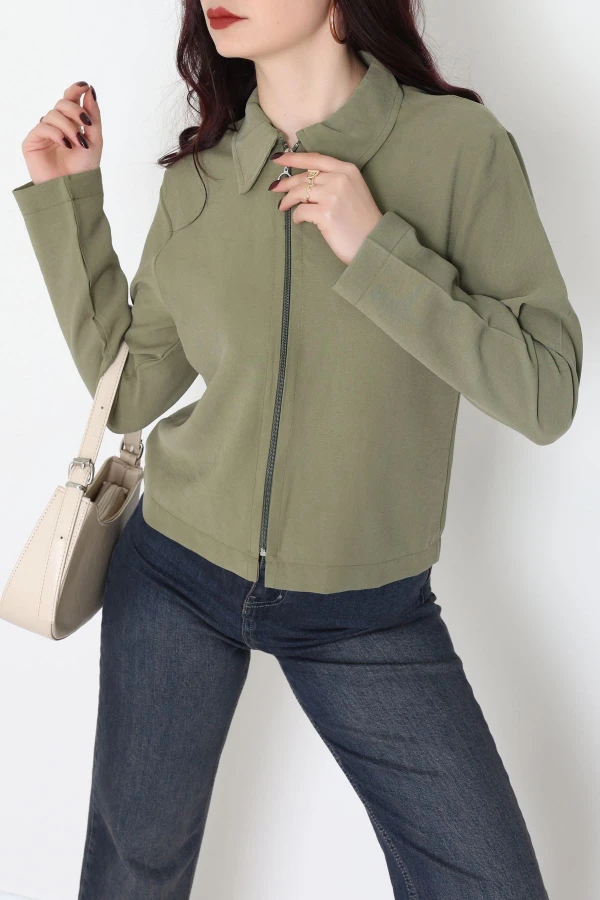 Dokuma Modal Fermuarlı Polo Yaka Ceket Gömlek Haki - 51237.1837.