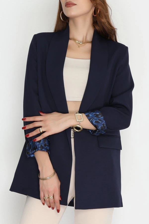 Leopar Astarlı Blazer Ceket Lacivert - 51500.1909.