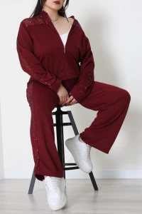 Pul Garnili 2 İplik Büyük Beden Eşofman Takımı Bordo - 52108.1567.