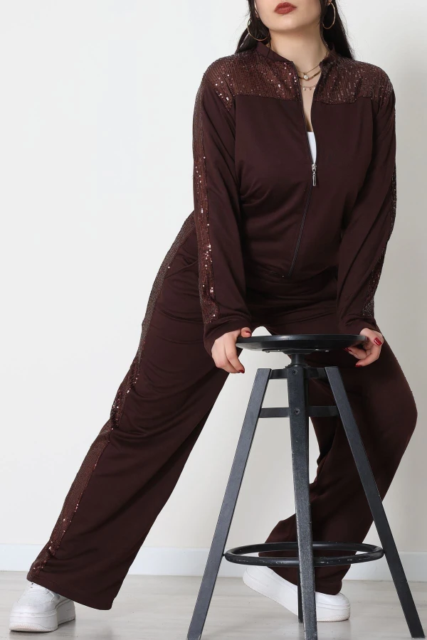 Pul Garnili 2 İplik Büyük Beden Eşofman Takımı Kahve - 52108.1567.