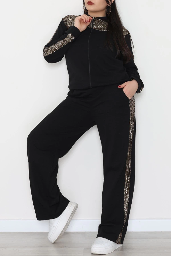 Pul Garnili 2 İplik Büyük Beden Eşofman Takımı Siyahgold - 52108.1567.