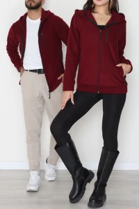 Fermuarlı Kapşonlu Polar Ceket Bordo - 52114.053.