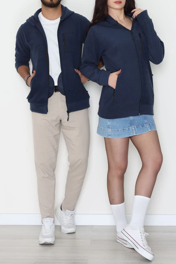 Fermuarlı Kapşonlu Polar Ceket Lacivert - 52114.053.