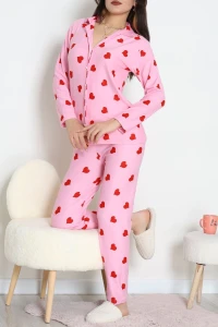 Süet Düğmeli Pijama Takımı Pembekalp - 52179.2124.