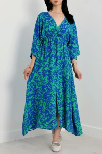 Kruvaze Yaka Desenli Elbise Yeşilsaks - 53542.1247.