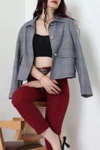 Ekose Düğme Detay Ceket Lacivert - 6311.001.