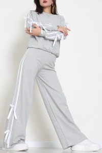 Özel Tasarım İki İplik Kurdele Detay Eşofman Takım Gri - 70164.1857.