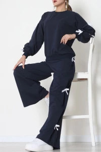 Özel Tasarımlı İki İplik Kurdeleli Eşofman Takım Lacivert - 70165.1857.