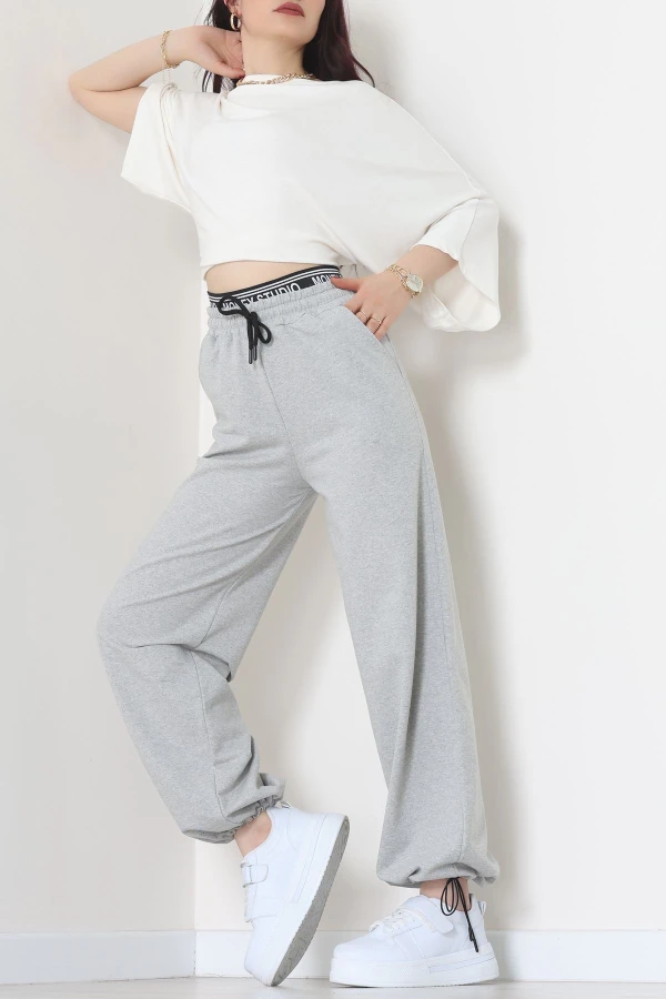 Bel Detaylı 2 İplik Eşofman Altı Gri - 70169.1857.