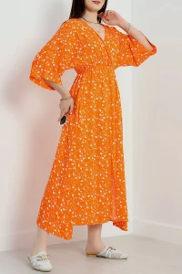 Kruvaze Yaka Desenli Elbise Turuncuçiçekli - 707.1247.