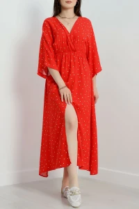 Kruvaze Yaka Desenli Elbise Kırmızıpuanlı - 707.1247.