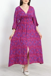 Kruvaze Yaka Desenli Elbise Fuşyasaks - 707.1247.