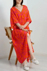 Kruvaze Yaka Desenli Elbise Morturuncu - 707.1247.