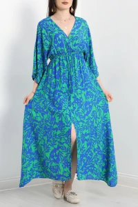 Kruvaze Yaka Desenli Elbise Yeşilsaks - 707.1247.