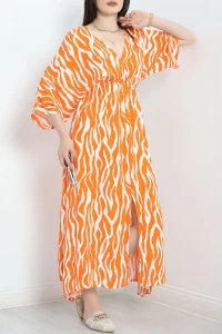 Kruvaze Yaka Desenli Elbise Beyazturuncu - 707.1247.