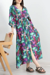 Kruvaze Yaka Desenli Elbise Petrolyeşili - 707.1247.