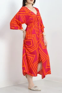 Kruvaze Yaka Desenli Elbise Turuncumor - 707.1247.
