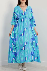 Kruvaze Yaka Desenli Elbise Yeşilmavi - 707.1247.