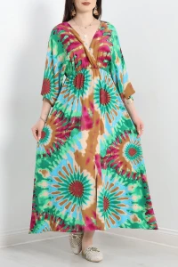 Kruvaze Yaka Desenli Elbise Yeşilbej - 707.1247.