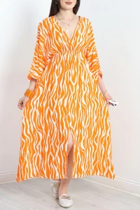 Kruvaze Yaka Desenli Elbise Oranjbeyaz - 707.1247.