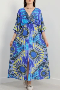 Kruvaze Yaka Desenli Elbise Saksturkuaz - 707.1247.