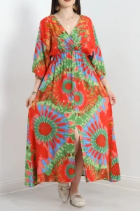 Kruvaze Yaka Desenli Elbise Yeşilkızıl - 707.1247.