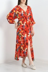 Kruvaze Yaka Desenli Elbise Ateşkızılı - 707.1247.