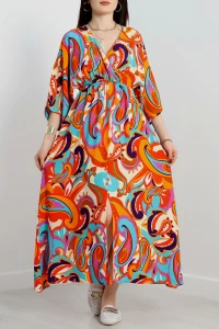 Kruvaze Yaka Desenli Elbise Oranjturkuaz - 707.1247.