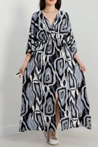 Kruvaze Yaka Desenli Elbise Siyahmelanj - 707.1247.