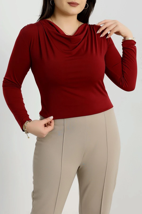 Degaje Yaka Büyük Beden Sandy Bluz Bordo - 70770.1949.