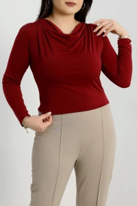 Degaje Yaka Büyük Beden Sandy Bluz Bordo - 70770.1949.