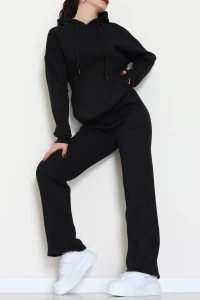 Üç İplik Kanguru Cep Eşofman Takımı Siyah - 70777.1878.