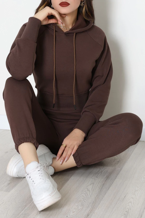 Üç İplik Crop Eşofman Takımı Kahve - 70778.1878.