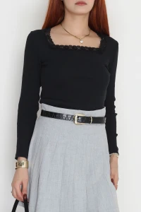 Çerçeve Yaka Dantelli Kaşkorse Body Siyah - 70789.599.