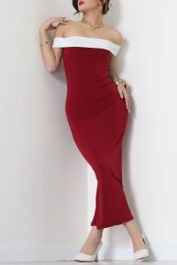 Sandy Kumaş Straplez Yaka Midi Boy Elbise Bordo - 70818.1794.