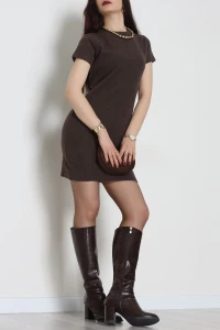 Bisiklet Yaka Selanik Kumaş Elbise Acıkahve - 70823.1567.