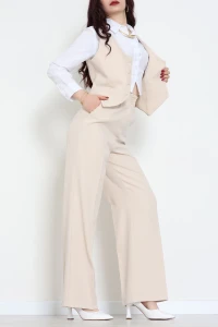 Dabıl Kumaş Fleto Cep Yelek Pantolon İkili Takım Bej - 70878.1991.