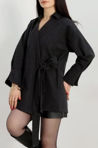 Bağlamalı Kruvaze Yaka Kaşe Ceket Füme - 70993.1775.