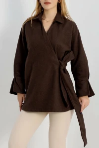 Bağlamalı Kruvaze Yaka Kaşe Ceket Kahve - 70993.1775.