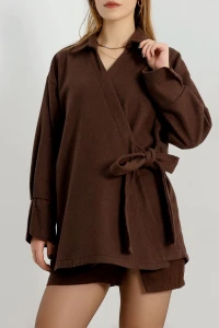 Bağlamalı Kruvaze Yaka Kaşe Ceket Acıkahve - 70993.1775.