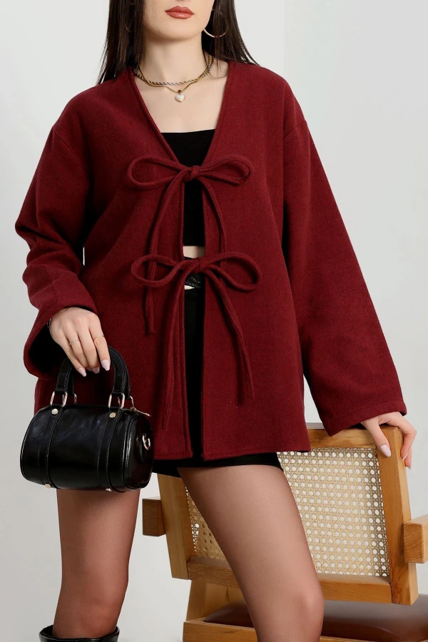 Önü Bağcıklı Kaşe Hırka Bordo - 70995.1775.