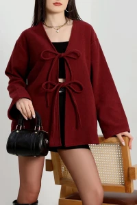 Önü Bağcıklı Kaşe Hırka Bordo - 70995.1775.