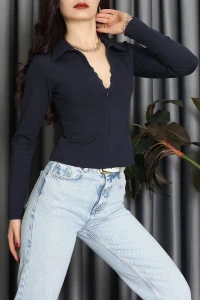 Modal Kumaş Polo Yaka Bluz Lacivert - 71793.444.