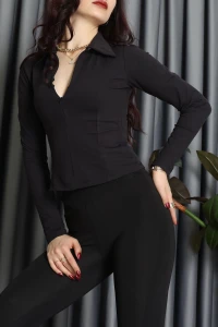 Modal Kumaş Polo Yaka Bluz Siyah - 71793.444.