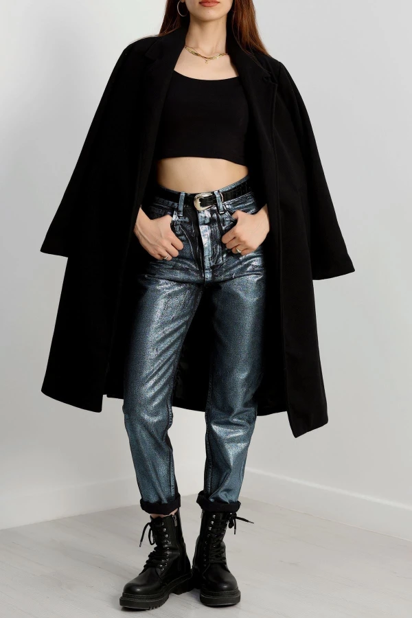 110 Cm Astarlı Kaşe Kaban Siyah - 90038.1839.