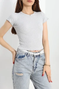 Overlok Detaylı Tişört Gri - 90340.1567.