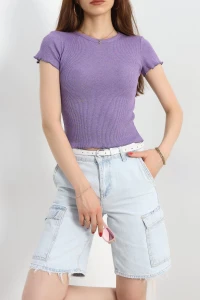 Overlok Detaylı Tişört Mor - 90340.1567.