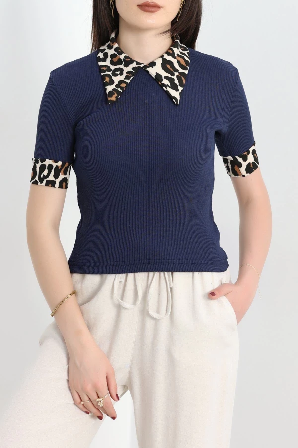 Leopar Yaka Bluz Lacivert - 90341.1567.