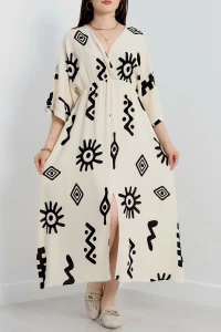 Kruvaze Yaka Desenli Elbise Kremsiyah - 90354.1247.