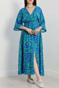 Kruvaze Yaka Desenli Elbise Yeşilsaks - 90354.1247.